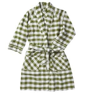 Serena & Lily Linen Gingham Robe Green White Tie Waist Pockets S/M Read